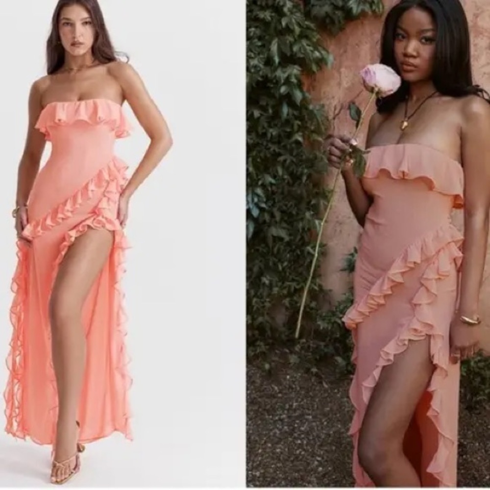 Nwt House Of Cb Sarina Strapless Maxi Ruffle Maxi Dress Bright Peach Xl